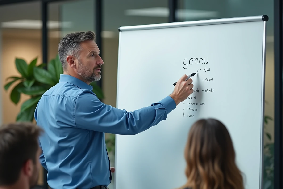 Homme en réunion expliquant les parties du corps avec un tableau blanc