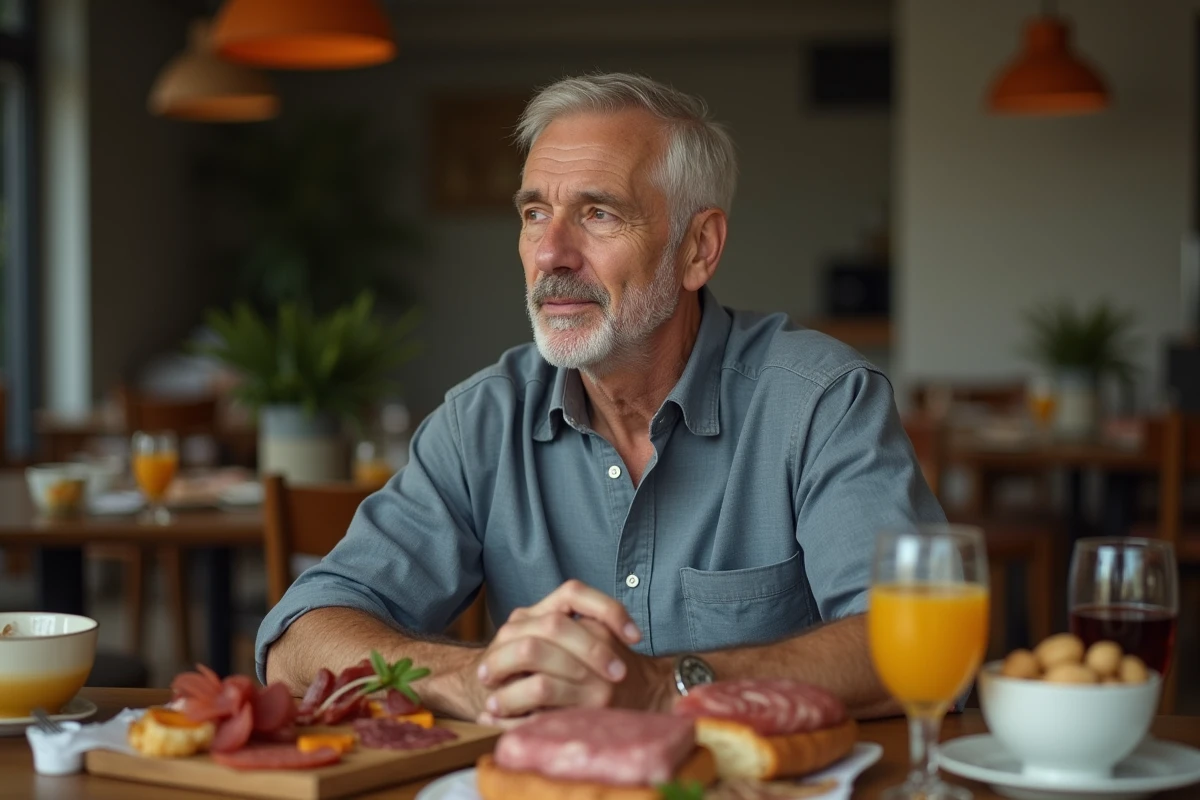 Homme réfléchi devant aliments transformes