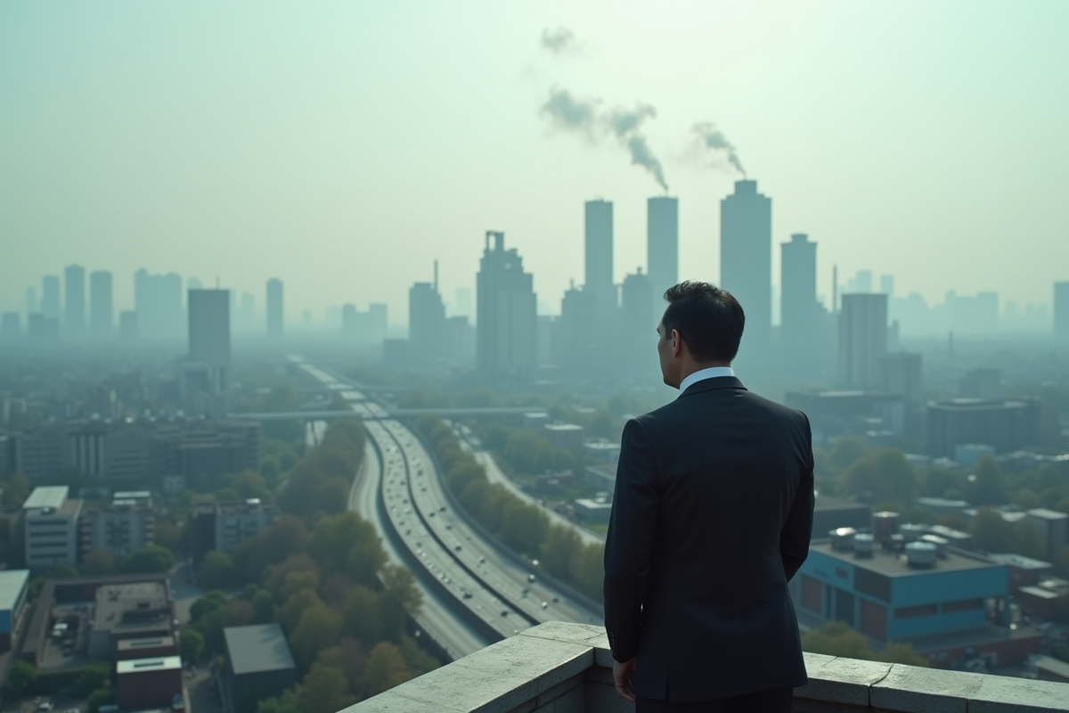 Homme d'affaires sur un toit avec ville industrielle en arrière-plan