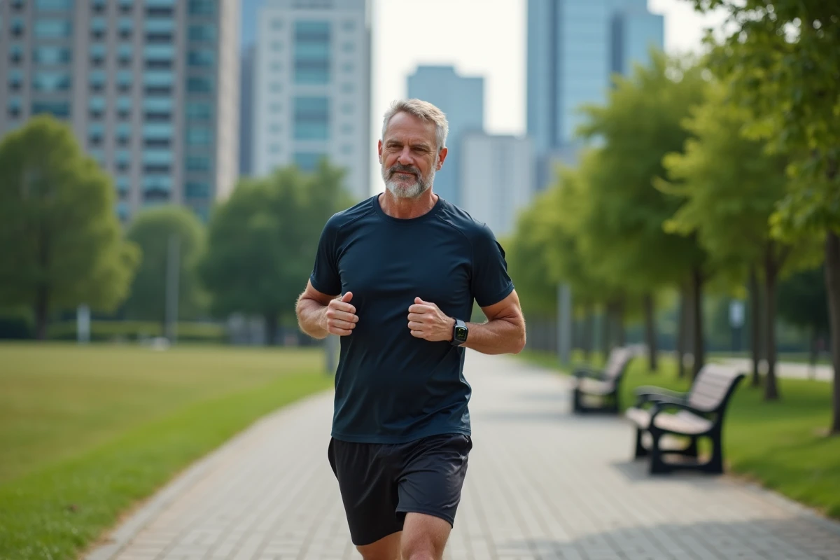 Homme en tenue de sport courant dans un parc urbain