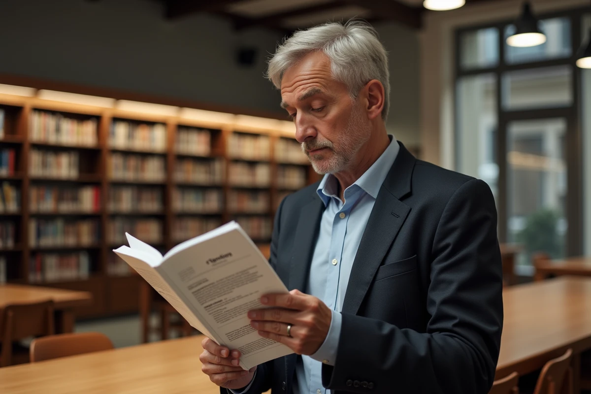 Homme étudiant un répertoire dans une bibliothèque