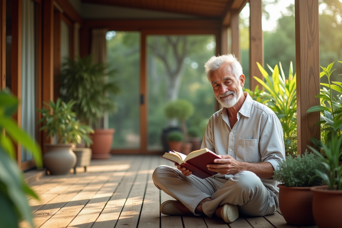 Homme âgé lisant un livre sur une veranda ensoleillée