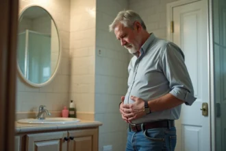 Homme d'âge moyen examinant son ventre dans la salle de bain