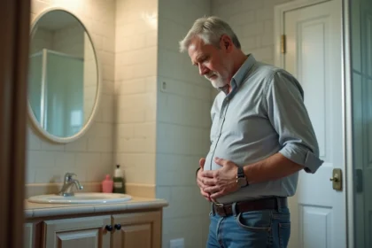 Homme d'âge moyen examinant son ventre dans la salle de bain