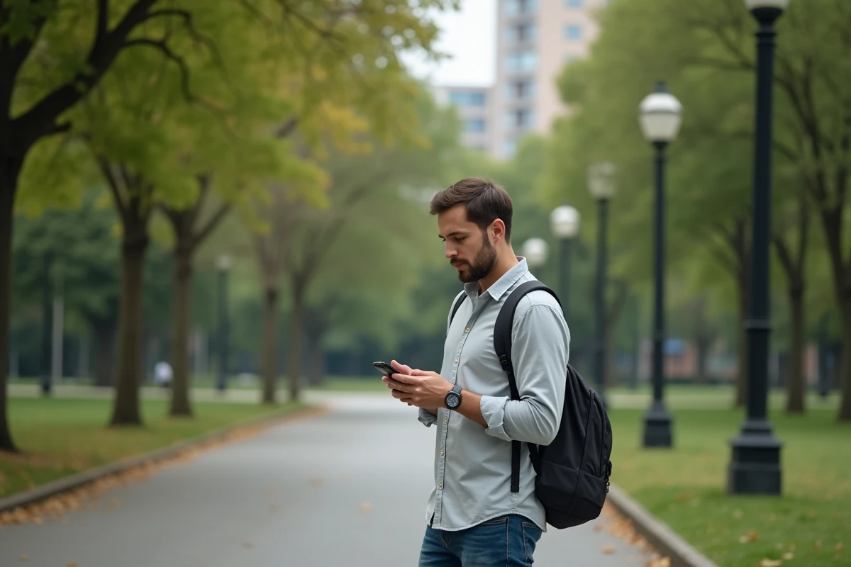 Homme dans un parc regardant son téléphone