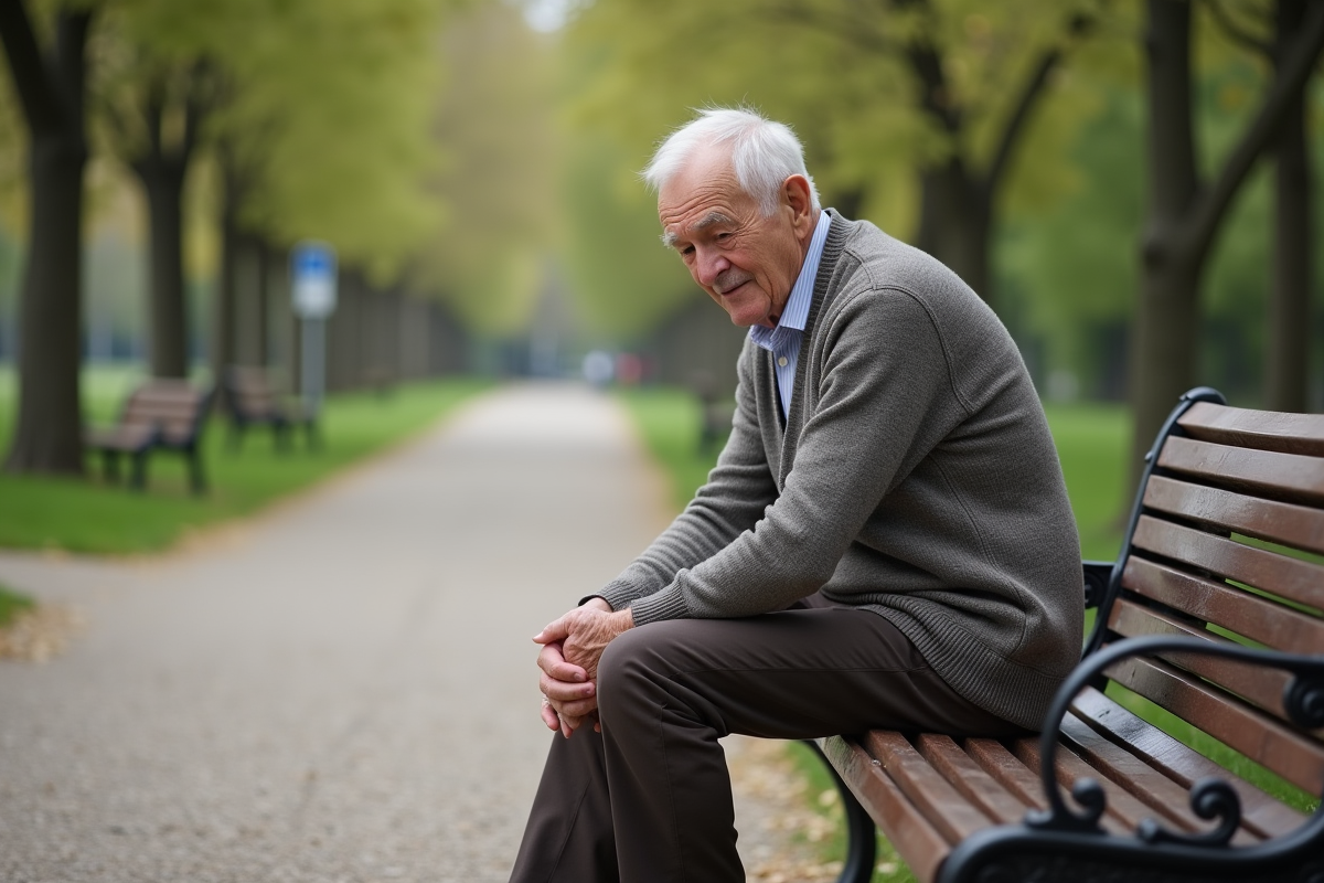 Homme âgé assis sur un banc dans un parc en train de se reposer