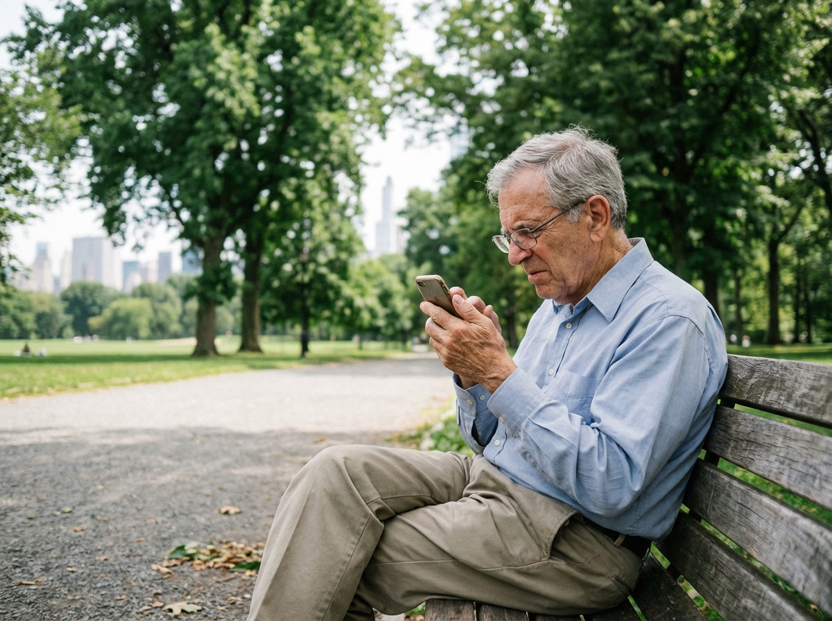 Homme âgé utilisant son smartphone dans un parc