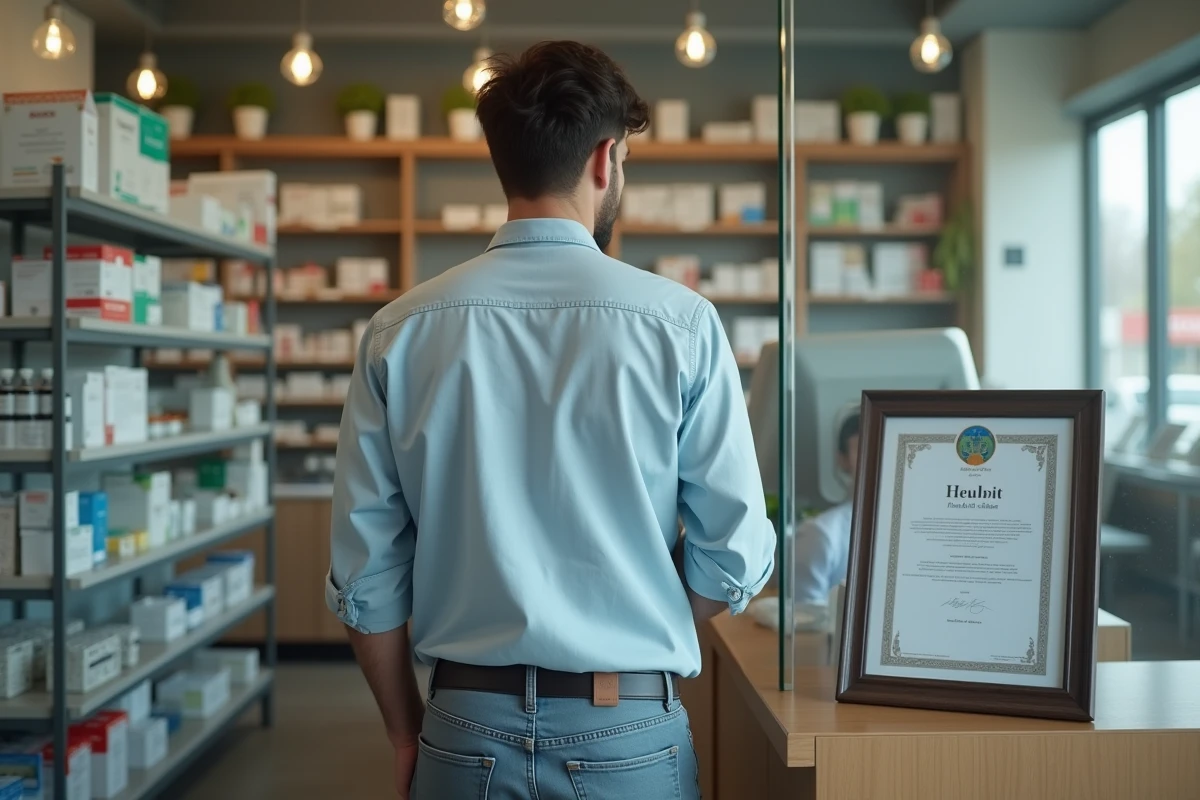 Jeune homme dans une pharmacie regardant un certificat officiel