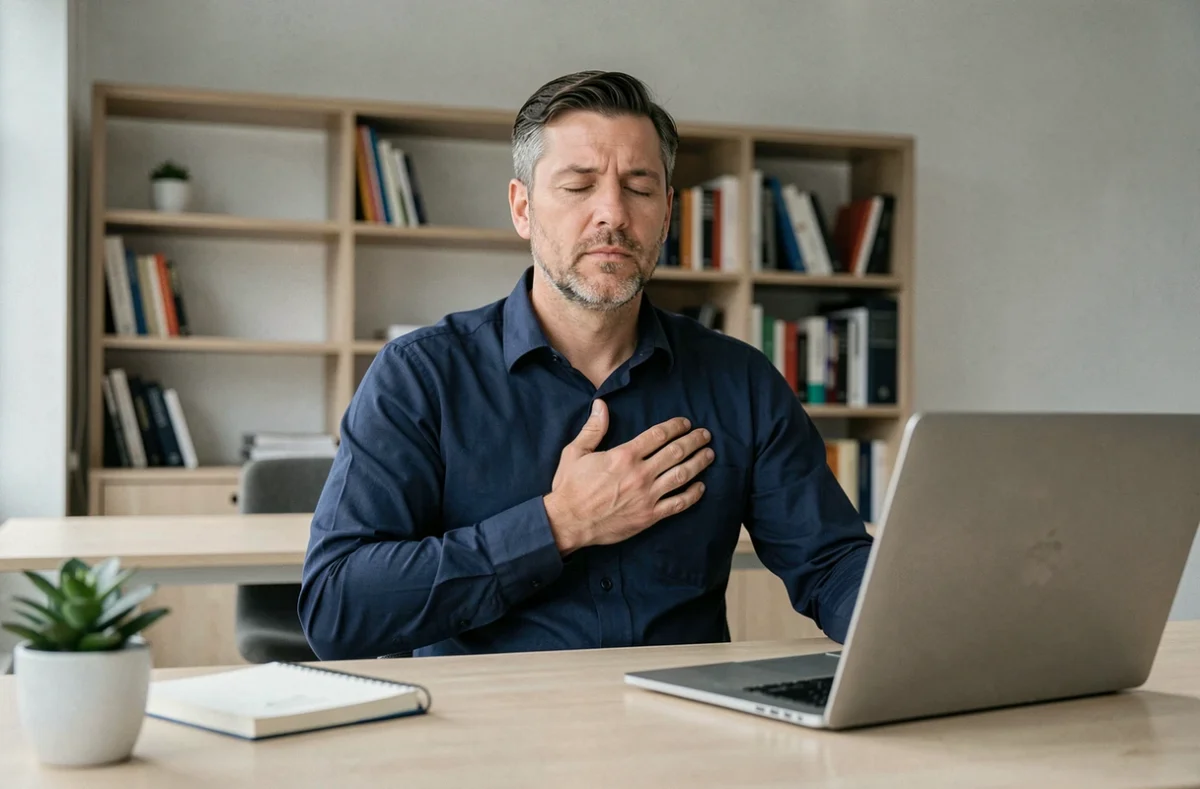 Homme de 42 ans pratiquant une pause de pleine conscience au bureau pour gérer le stress et le cortisol après 30 jours de test