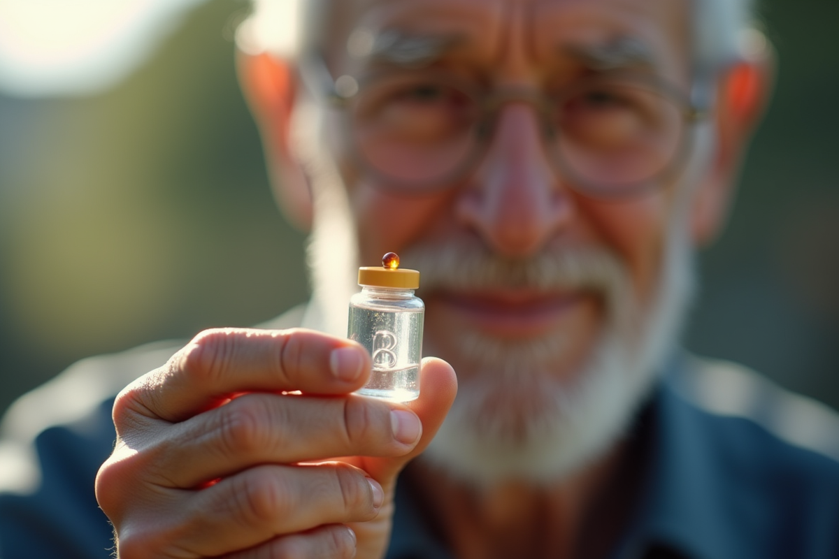 Homme âgé tenant une capsule de vitamine B et un verre d