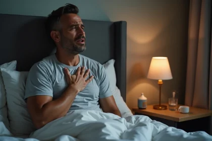 Homme adulte assis dans son lit la nuit en train de tousser, verre d'eau et humidificateur sur la table de chevet