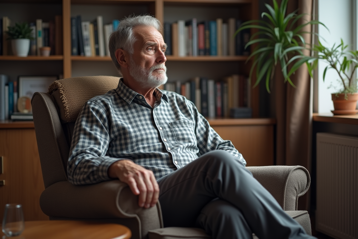 Homme d age moyen assis dans un salon contemplant la fenetre