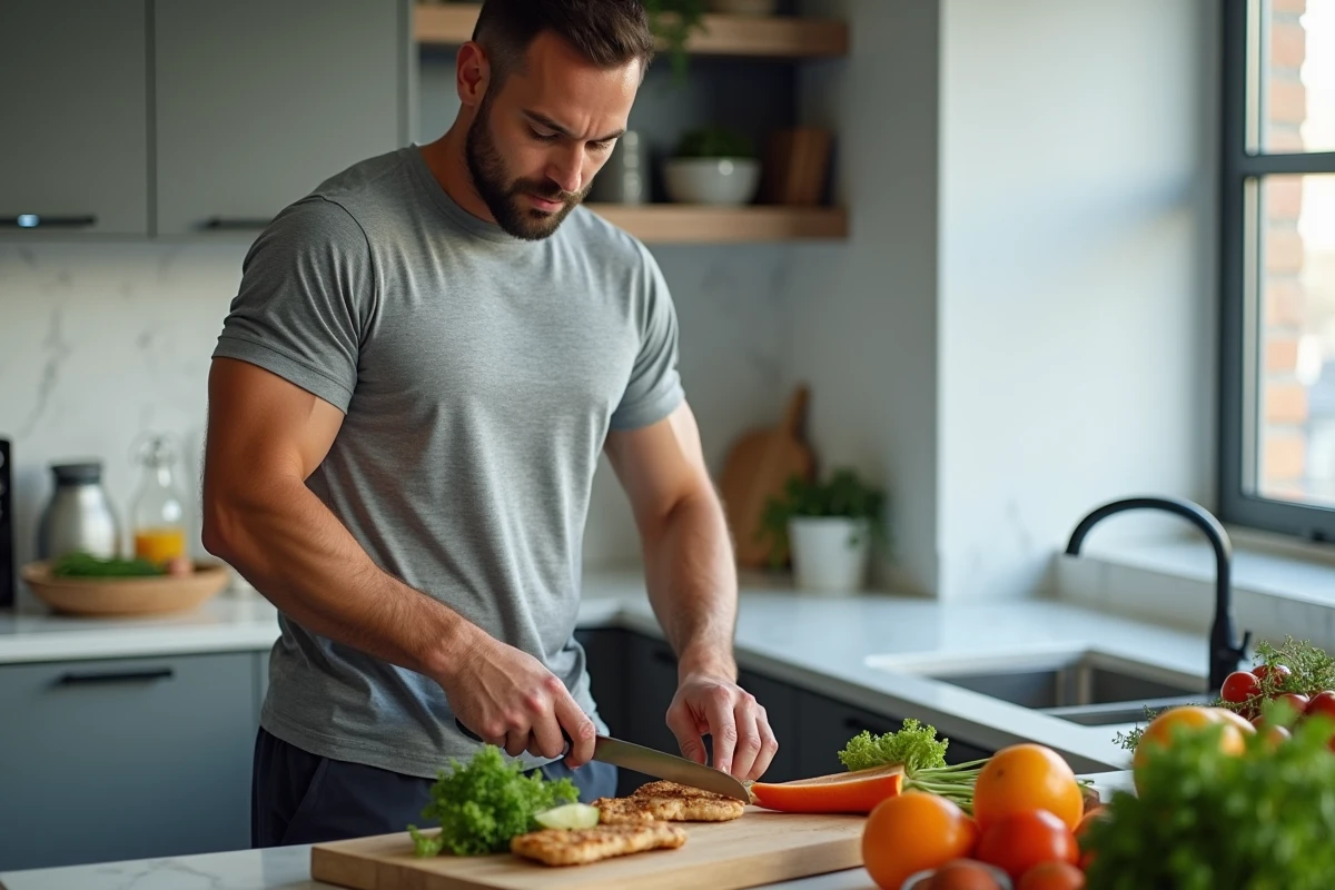 Homme préparant un repas sain et équilibré dans une cuisine moderne, illustrant une approche durable de la perte de poids