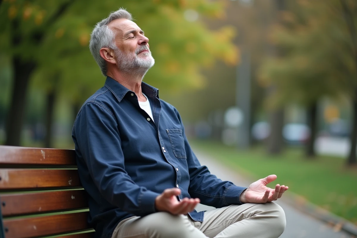 Homme d'une cinquantaine d'années pratiquant la respiration profonde sur un banc de parc pour gérer le stress lié aux extrasystoles et aux troubles digestifs
