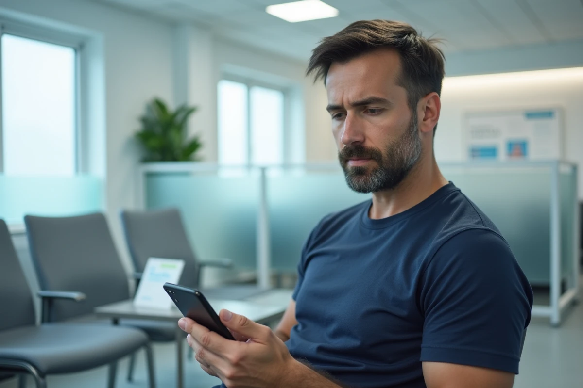 Homme dans une salle d'attente médicale consultant son téléphone sur les symptômes du cancer de la langue, symbolisant l'anxiété liée aux recherches de santé en ligne