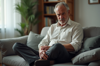 Homme d'âge moyen assis sur un canapé avec une expression inquiète