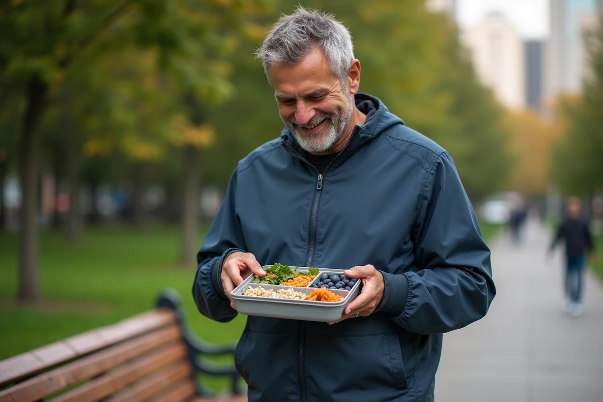 Homme vérifie un plateau repas antiinflammatoire dans un parc