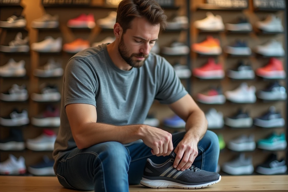 Homme insérant une semelle de soutien de voûte plantaire dans une chaussure de sport dans un magasin de running