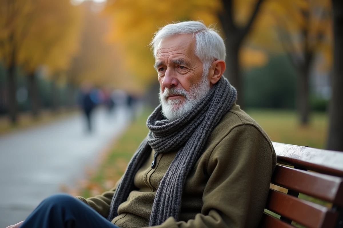 Homme âgé assis sur un banc dans un parc automnal