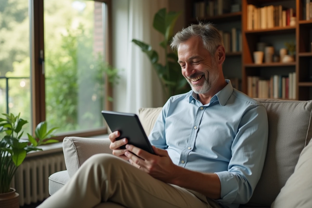 Homme utilisant une tablette dans un salon lumineux