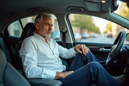 Homme d'âge moyen dans une voiture en situation inconfortable
