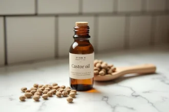 Flacon d'huile de ricin ambrée posé sur un plan de travail en marbre blanc avec des graines de ricin et une cuillère en bois