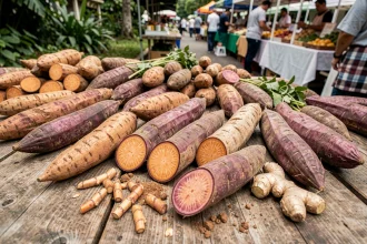 Ignames entières et coupées exposées sur un étal de marché en bois, révélant leur chair orange et violette riche en propriétés anti-inflammatoires
