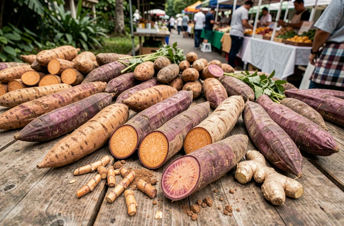 Ignames entières et coupées exposées sur un étal de marché en bois, révélant leur chair orange et violette riche en propriétés anti-inflammatoires
