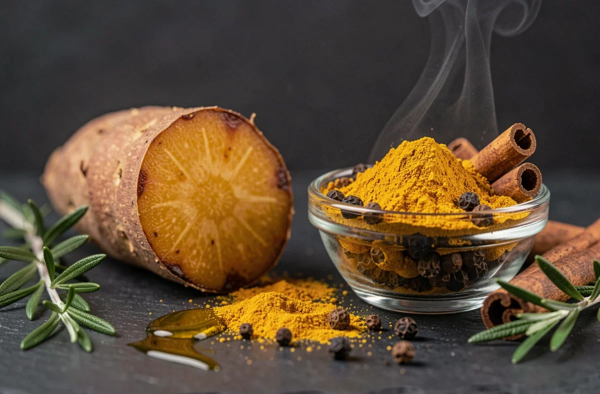 Gros plan d'une igname rôtie coupée en deux entourée d'épices anti-inflammatoires comme le curcuma et la cannelle sur une surface en ardoise