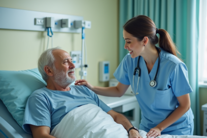Infirmière rassurante avec patient âgé dans l'hôpital