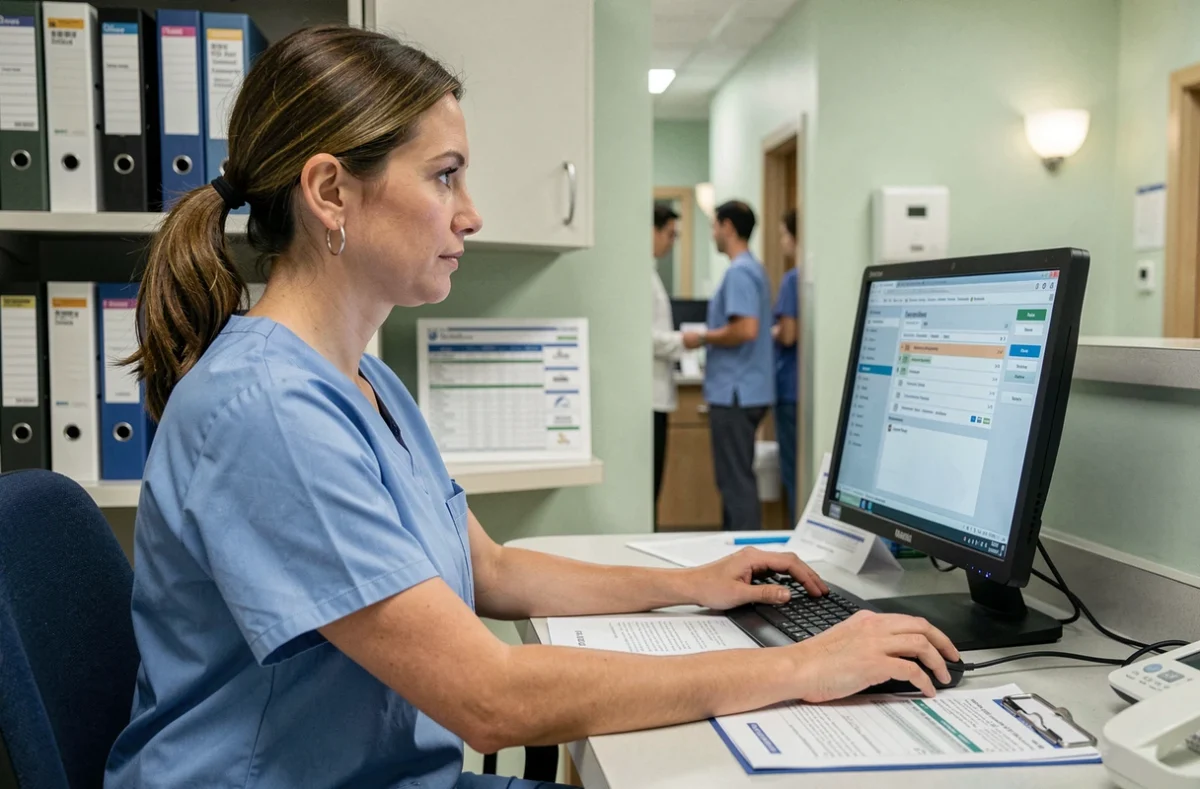 Infirmière utilisant un logiciel de gestion des soins pour le suivi des données patients dans un établissement médicalisé