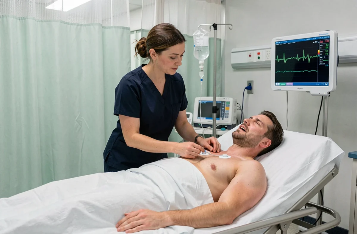 Infirmière posant des électrodes ECG sur un patient aux urgences pour détecter une hypokaliémie
