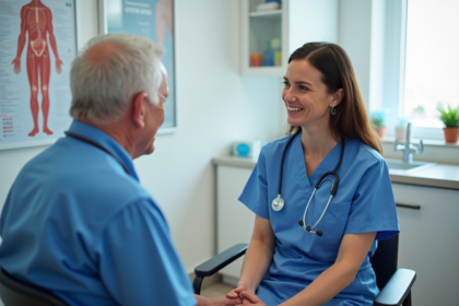 Infirmière rassurante avec un patient âgé en consultation