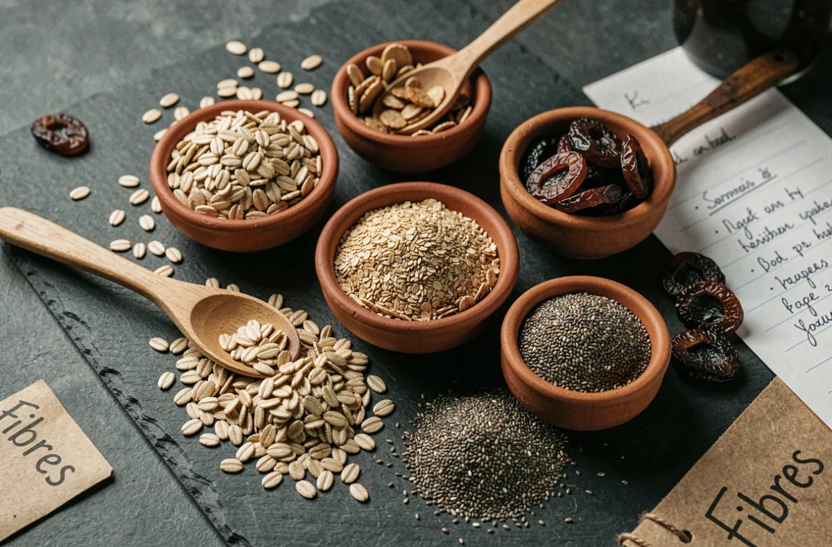 Assortiment d'ingrédients riches en fibres incluant flocons de seigle, son de blé, graines de chia et pruneaux dans des bols en terre cuite sur ardoise