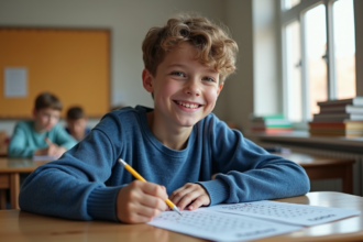 Garçon souriant en test d'intelligence dans une classe lumineuse