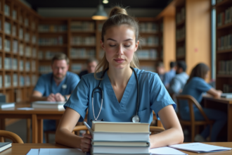 Jeune étudiante en médecine dans la bibliothèque universitaire
