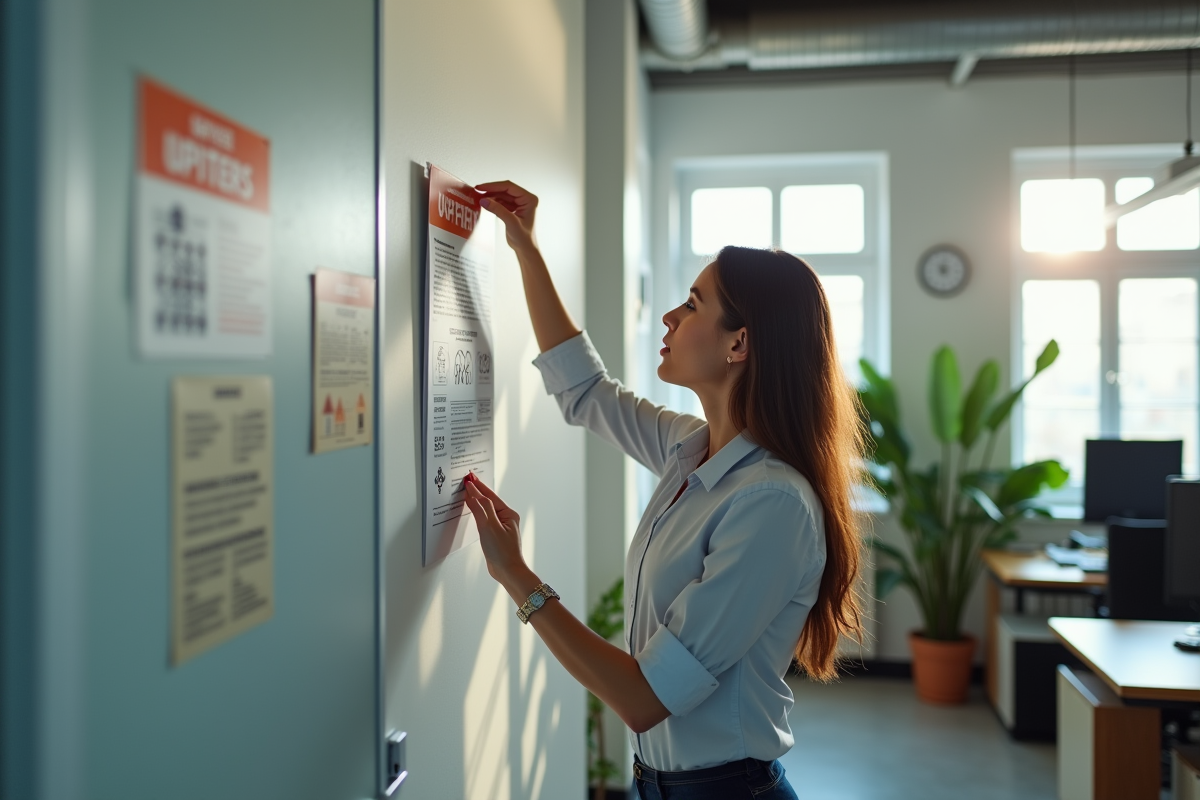 Jeune femme affichant une affiche de securite au bureau