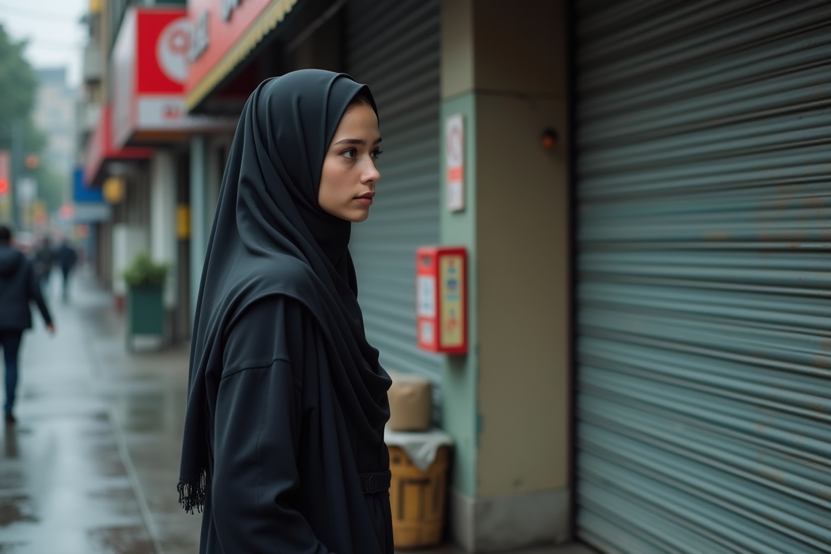 Jeune femme musulmane en hijab dans une rue urbaine