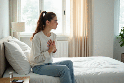 Jeune femme inquiète assise sur le lit dans une chambre lumineuse