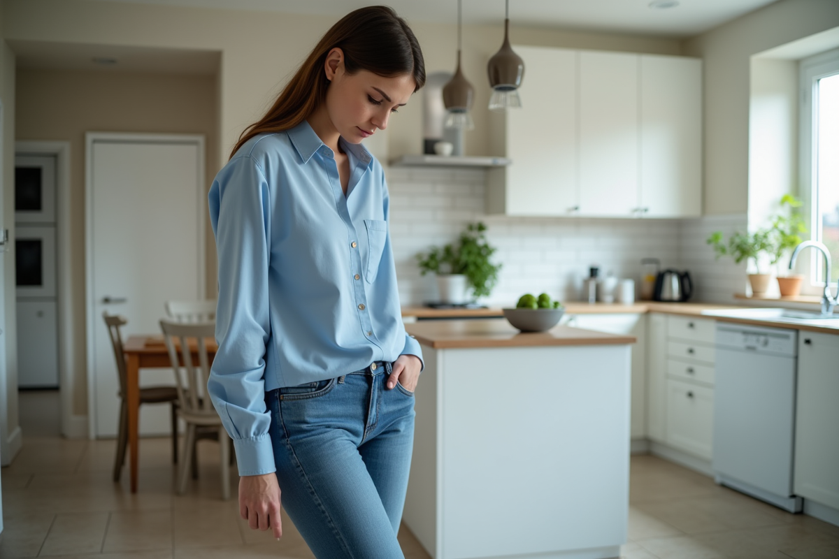 Jeune femme debout dans la cuisine regardant son cheville gonflée