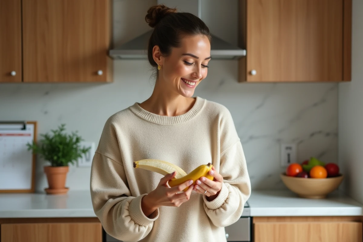 Jeune femme en cuisine peeland une banane avec un sourire chaleureux