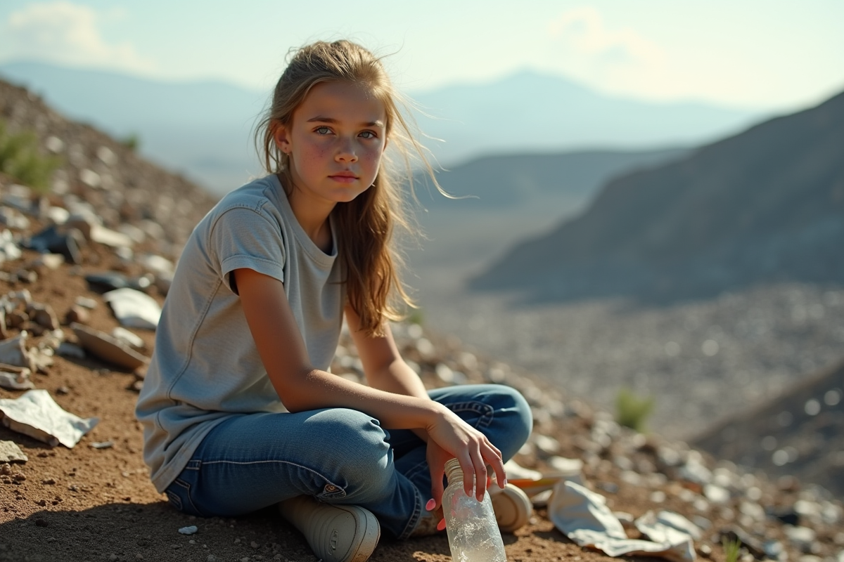 Jeune fille assise sur terre avec déchet et paysage de décharge