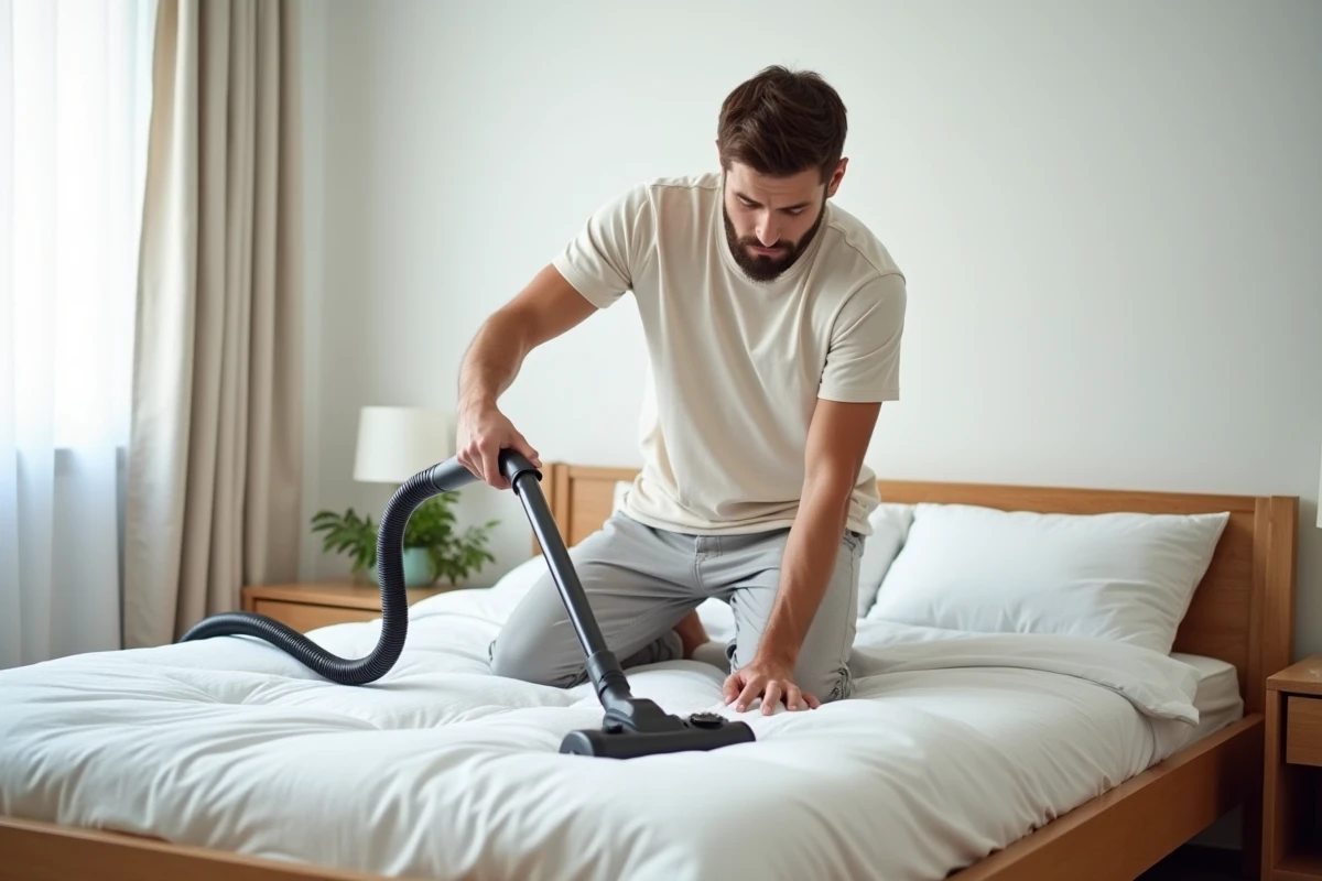 Jeune homme nettoyant un matelas dans une chambre lumineuse