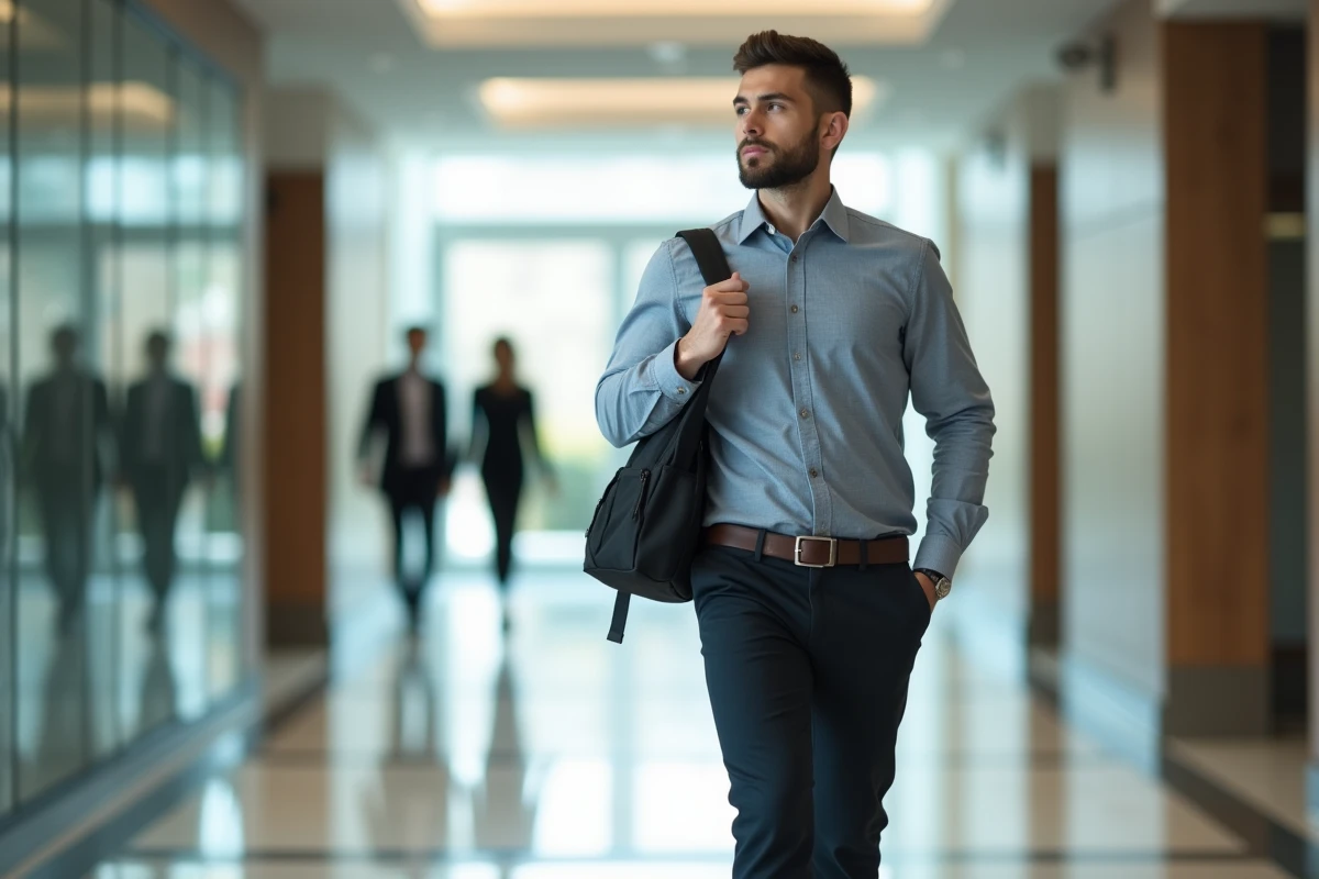 Jeune homme d affaires marchant dans un couloir moderne