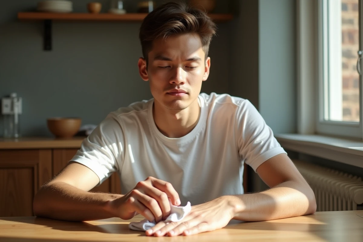 Jeune homme pressant un chiffon sur son doigt blessé