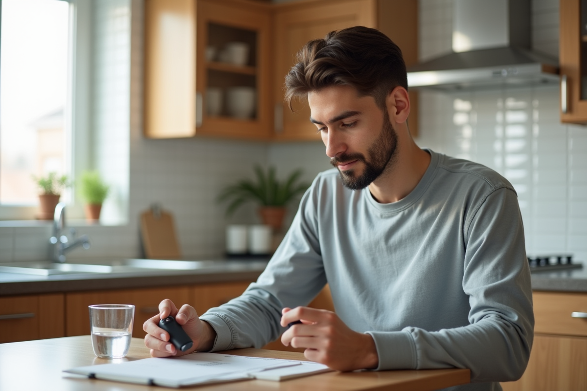 Jeune homme lisant des instructions de medicament à la cuisine