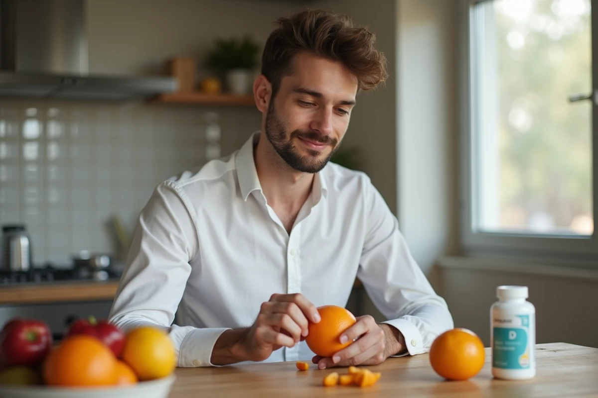 Jeune homme pelant une orange dans la cuisine