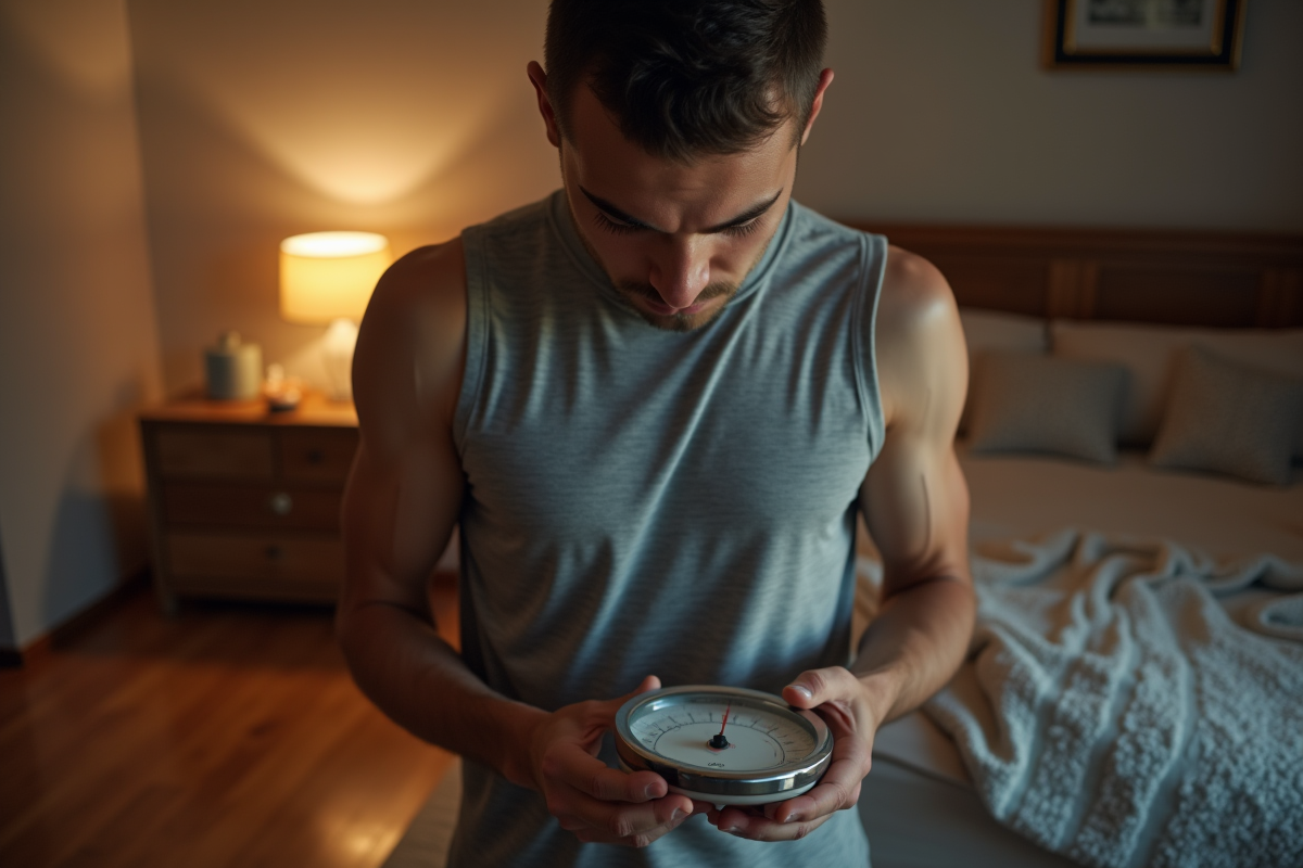 Jeune homme en vêtements de sport vérifiant son poids