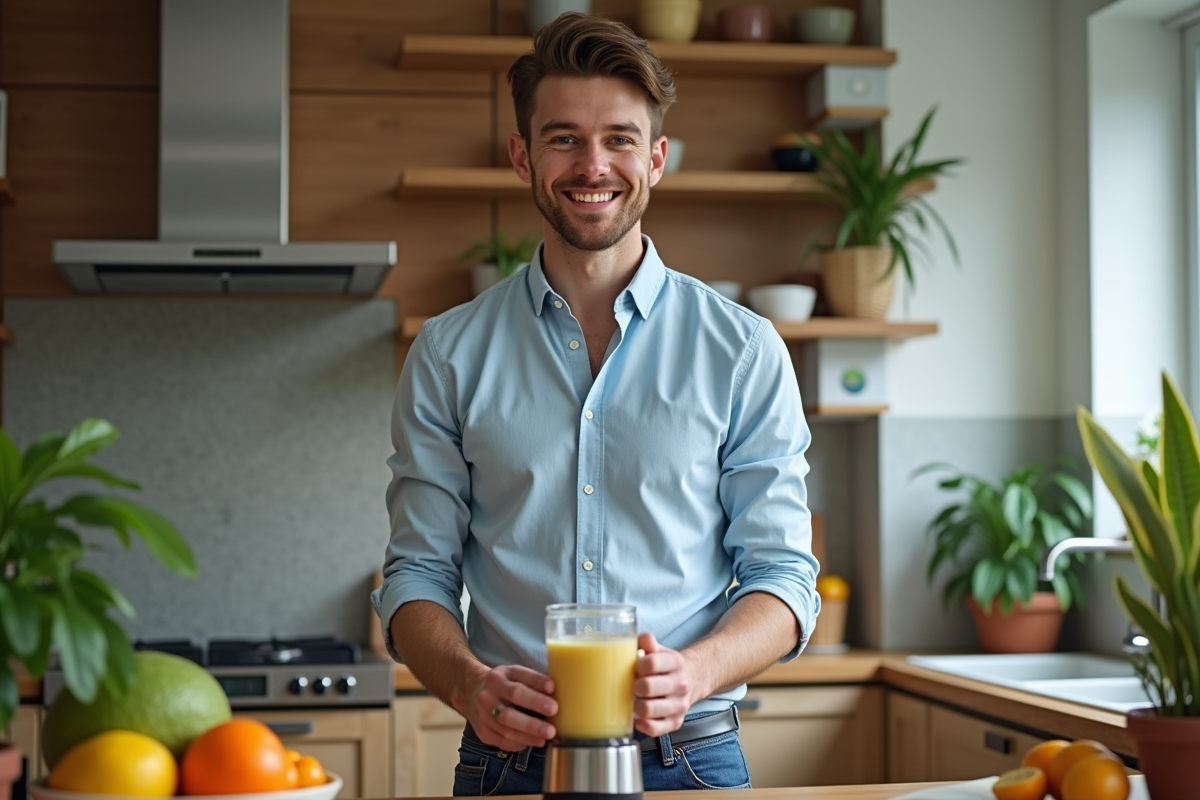 Jeune homme préparant un smoothie dans une cuisine moderne