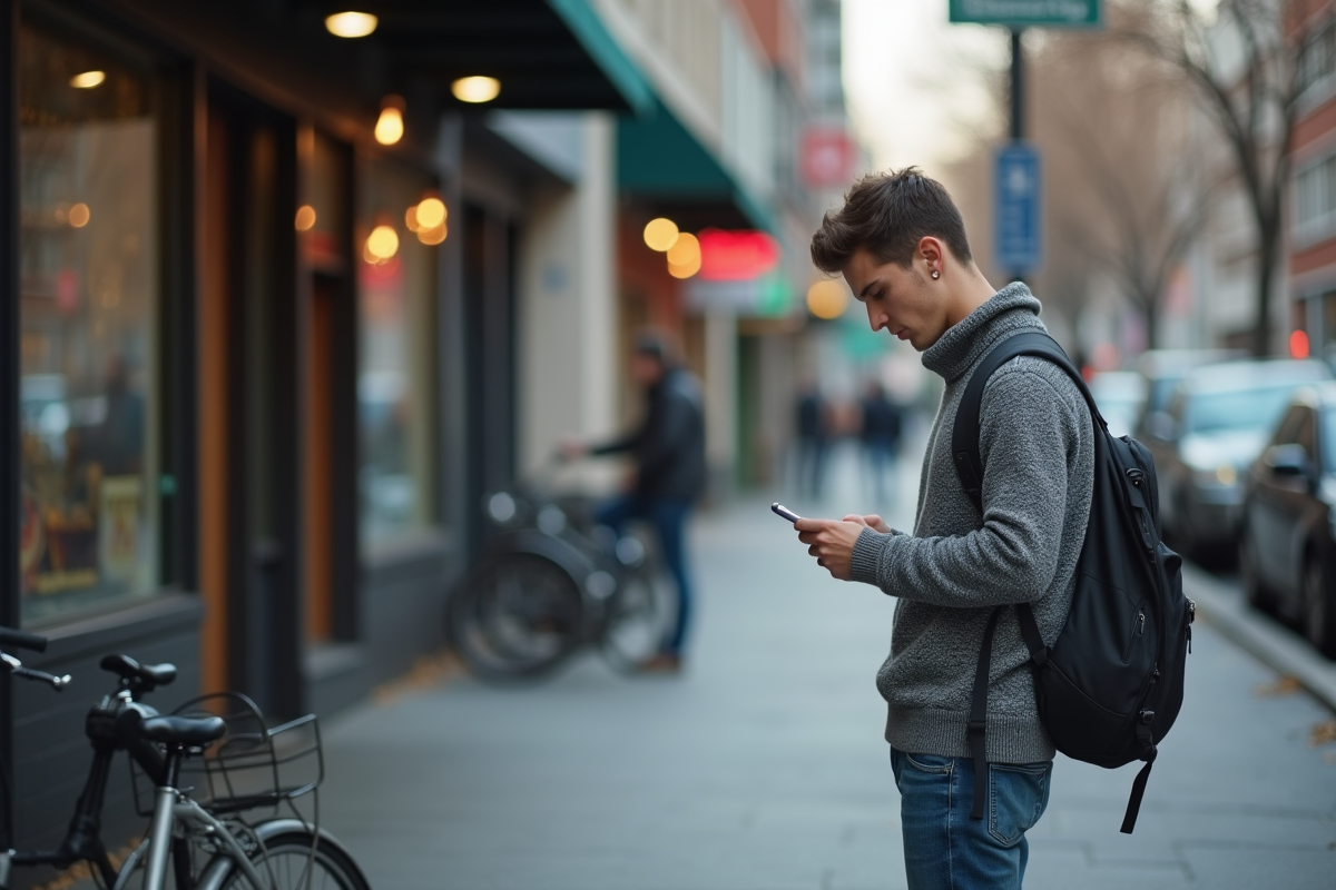 Jeune homme dans la rue regardant son téléphone